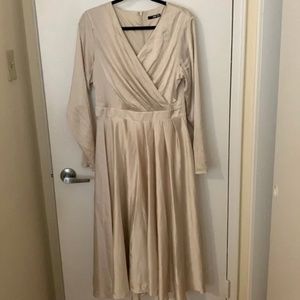 TFNC Long Sleeve Satin Wrap Beige Dress